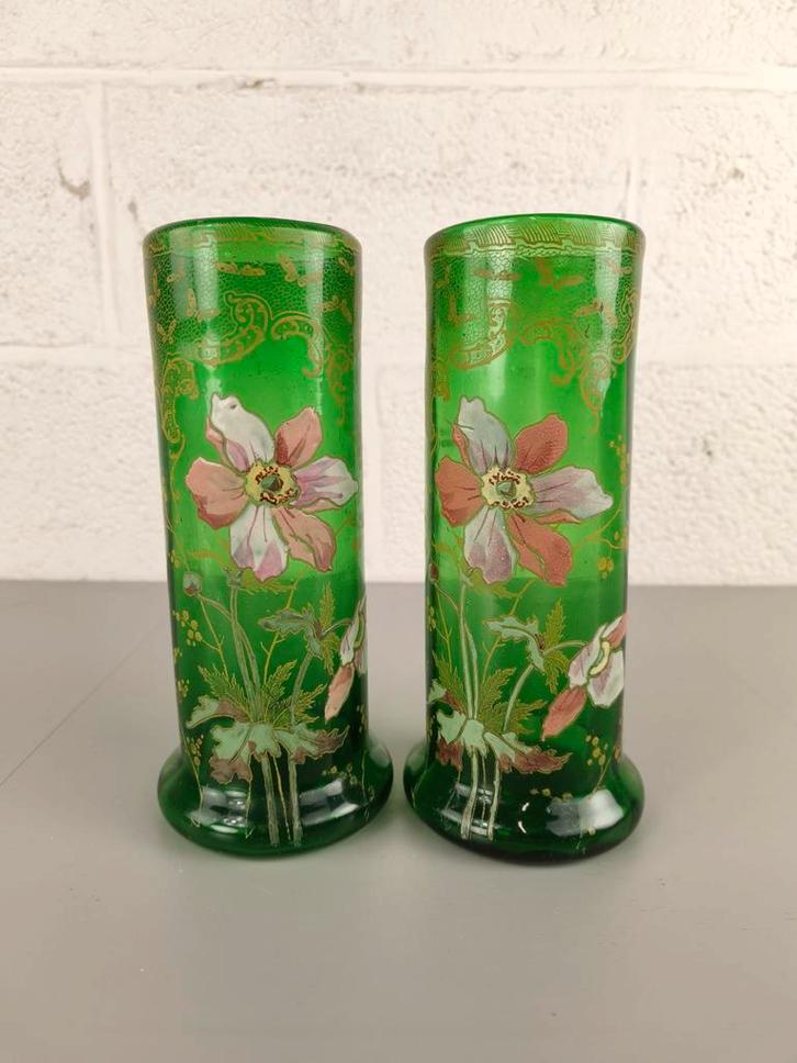 Duo geëmailleerde vazen Legras, Antiquités & Art, Antiquités | Verre & Cristal, Enlèvement ou Envoi
