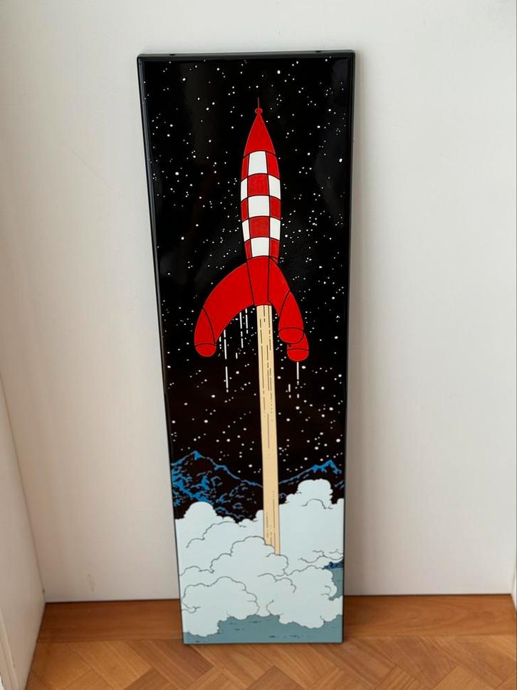 Geëmailleerde plaat van de raket die opstijgt  de maan, Verzamelen, Stripfiguren, Nieuw, Beeldje of Figuurtje, Kuifje, Ophalen