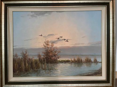 Gien Brouwer : moeras landschap met overvliegende ganzen, Antiek en Kunst, Kunst | Schilderijen | Klassiek, Ophalen