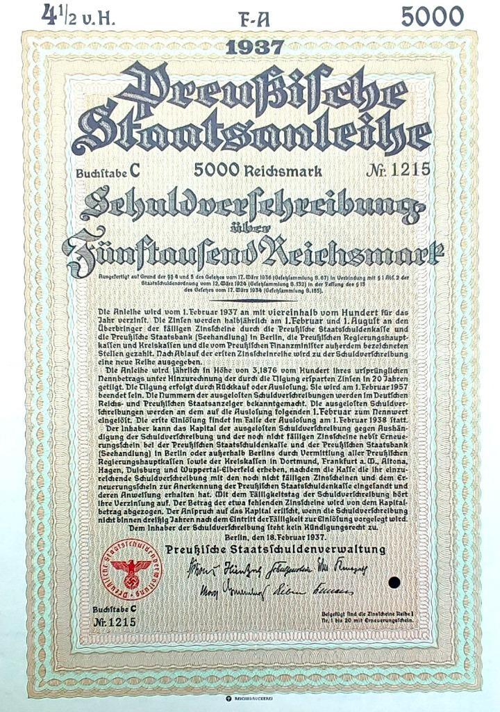 Preussische Staatsobligatie 1937, Verzamelen, Militaria | Tweede Wereldoorlog, Ophalen of Verzenden