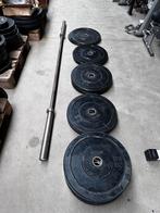 100 KG Bumperplates + Olympische Barbell 220cm, Halterschijven, Gebruikt, Ophalen