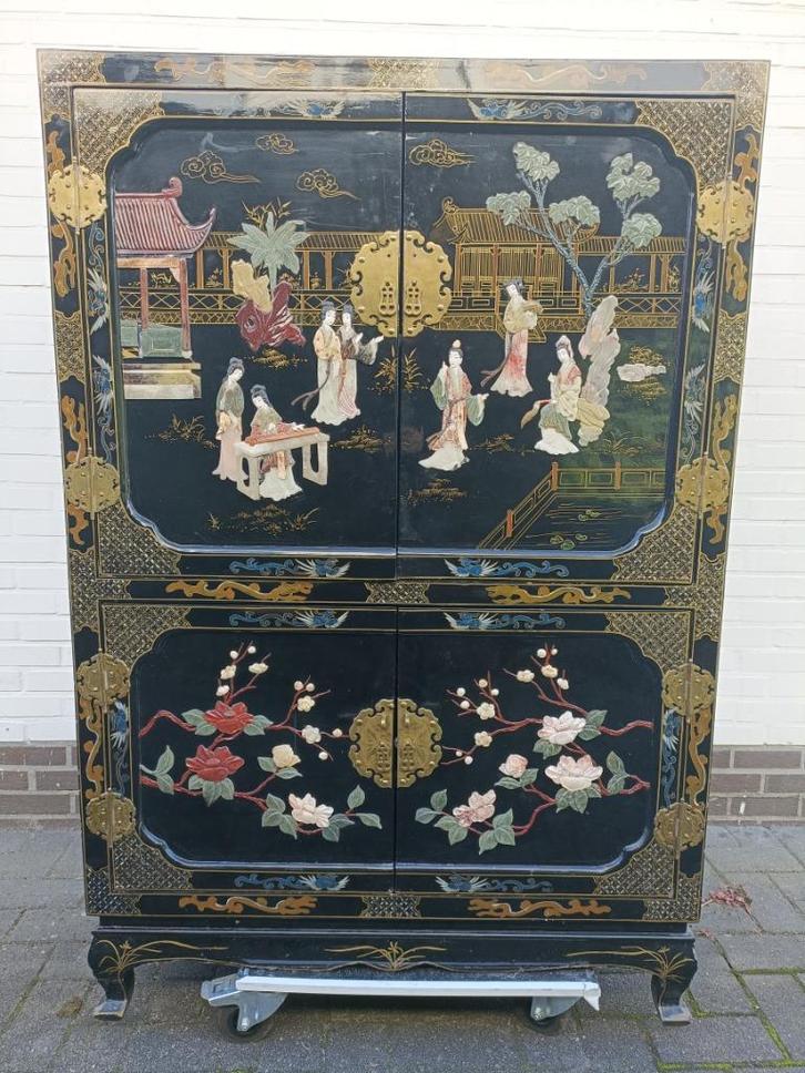 Retro chinese kast, antiek oosters tv kast, vintage meubel, Antiek en Kunst, Antiek | Tv's en Audio, Ophalen