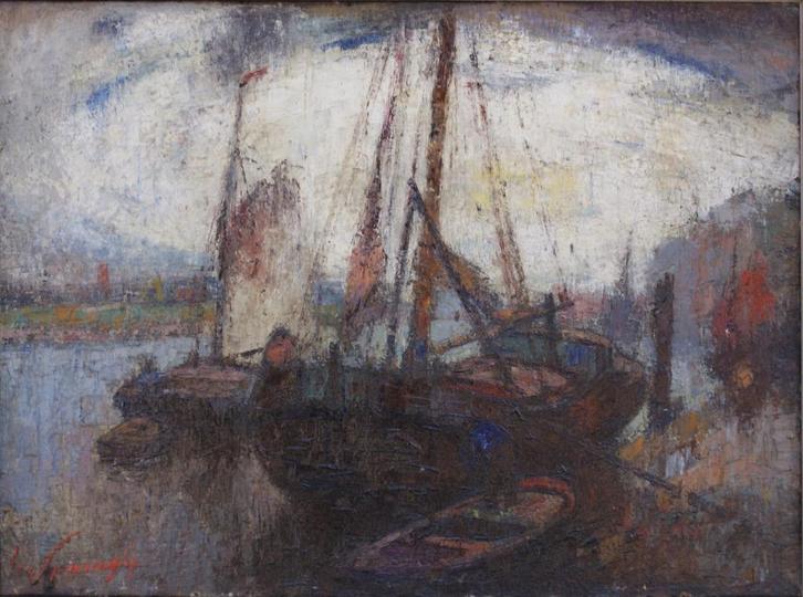 Leo Spanoghe (1874-1955): Boten op de Schelde 1925 (82x67cm), Antiek en Kunst, Kunst | Schilderijen | Klassiek, Ophalen of Verzenden