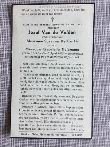 Oorlogsslachtoffer J.Van de Velden Lier +1943 WOII, Envoi, Image pieuse