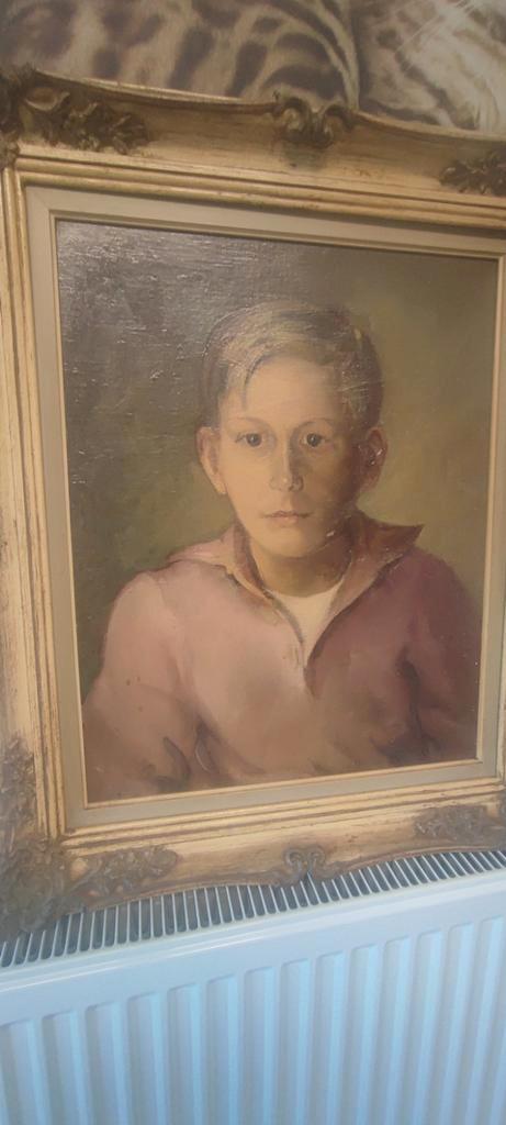 De blonde jongen in roze trui in mooie Barok kader, Antiek en Kunst, Kunst | Schilderijen | Klassiek, Ophalen