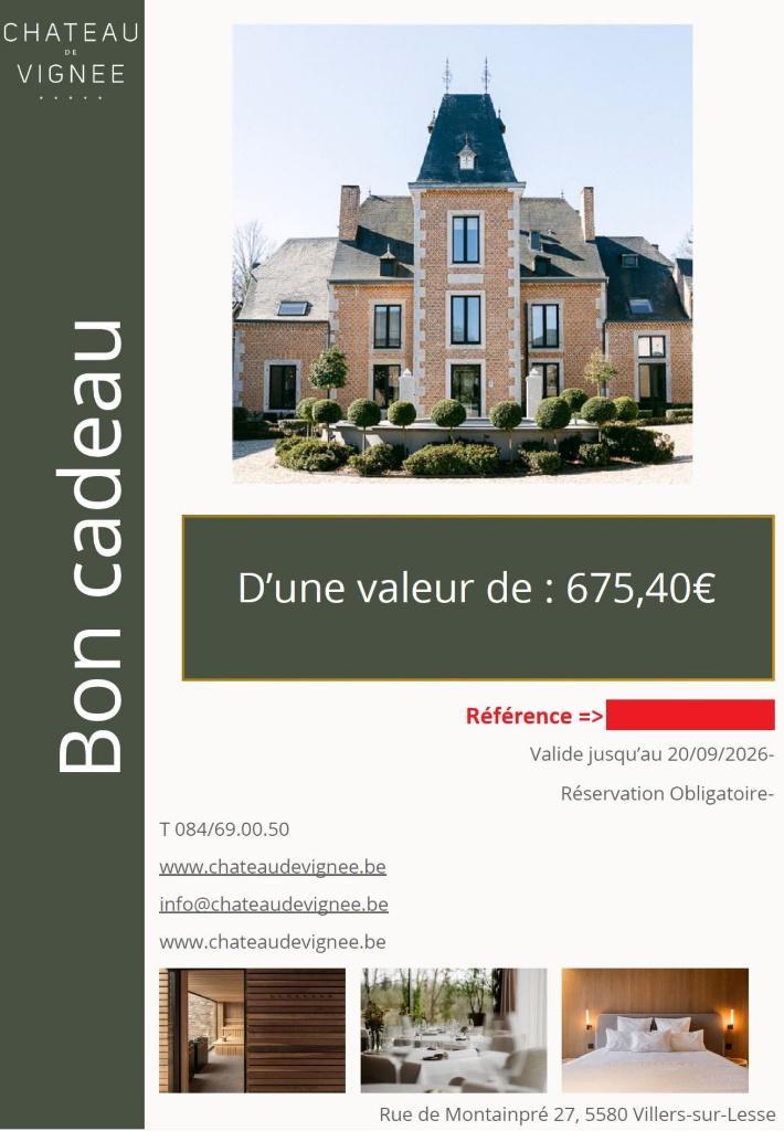 Bon Cadeau Chateau de Vignée, Tickets & Billets, Chèques Hôtel & Bons pour Hôtel