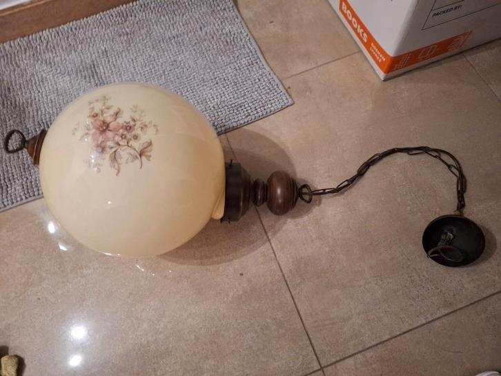 Vintage hanglamp uit de jaren 70, Huis en Inrichting, Lampen | Plafondlampen, Zo goed als nieuw, Glas, Hout, Metaal, Ophalen