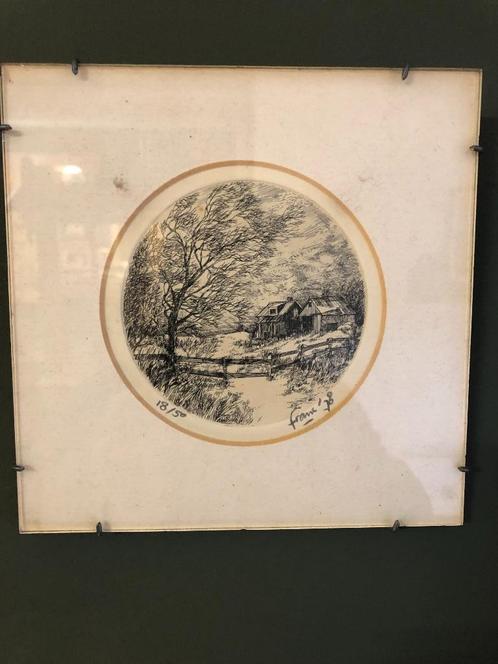 Prachtig gesigneerde ets in lijst en dubbele passe-partout., Antiek en Kunst, Kunst | Etsen en Gravures, Ophalen of Verzenden