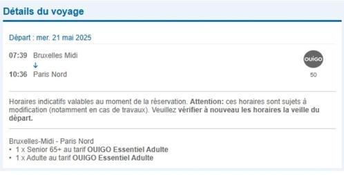 Tickets de train Bruxelles Midi-Paris Nord le 21/05/25, Tickets en Kaartjes, Trein, Bus en Vliegtuig, Twee personen, Overige typen
