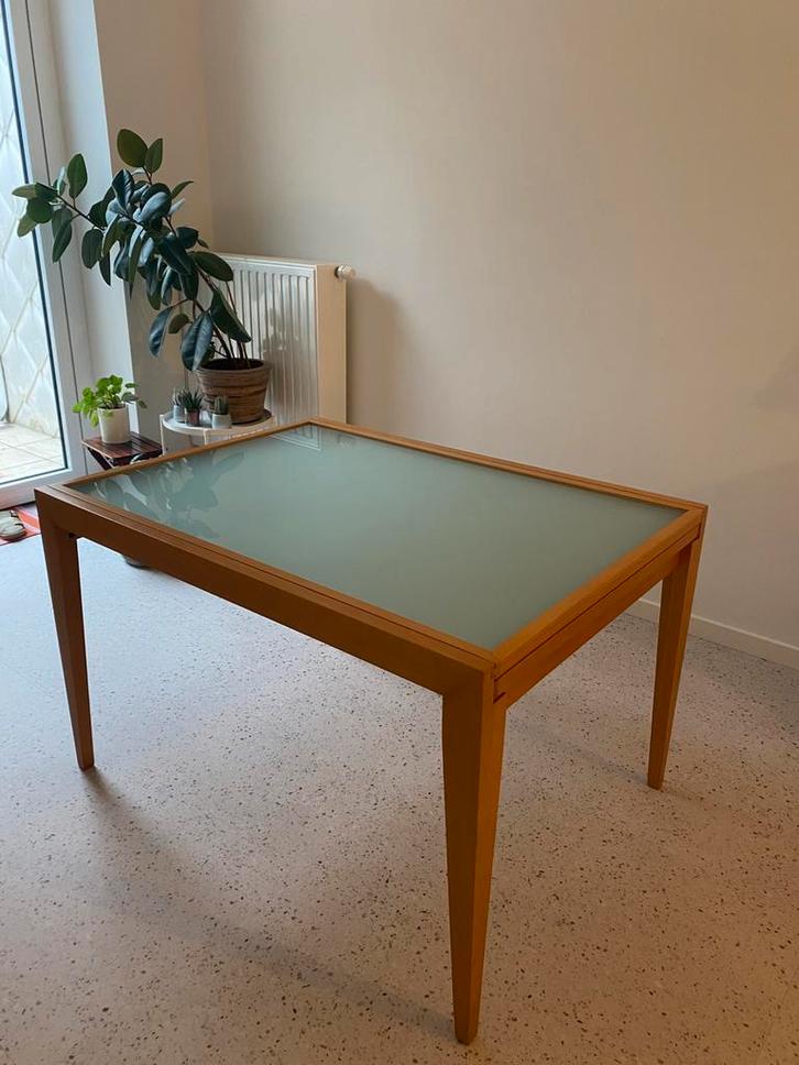 Ruime uitschuifbare glazen eettafel tot 240 cm –houten kader, Huis en Inrichting, Tafels | Eettafels, Zo goed als nieuw, Drie personen