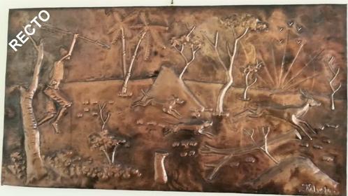 Koperen schilderij in reliëf dat een jachttafereel voorstelt, Antiek en Kunst, Curiosa en Brocante, Verzenden