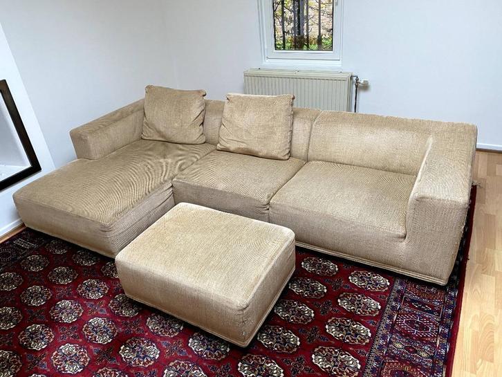 Bank met dagbed en voetenbank in Deens design en kwaliteit, Huis en Inrichting, Zetels | Complete zithoeken, Gebruikt, Hout, Stof