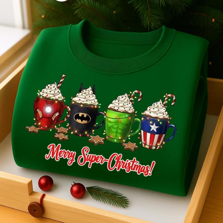Sweat-shirt vert de Noël avec des mugs style super-héros, Diversen, Kerst, Nieuw, Verzenden