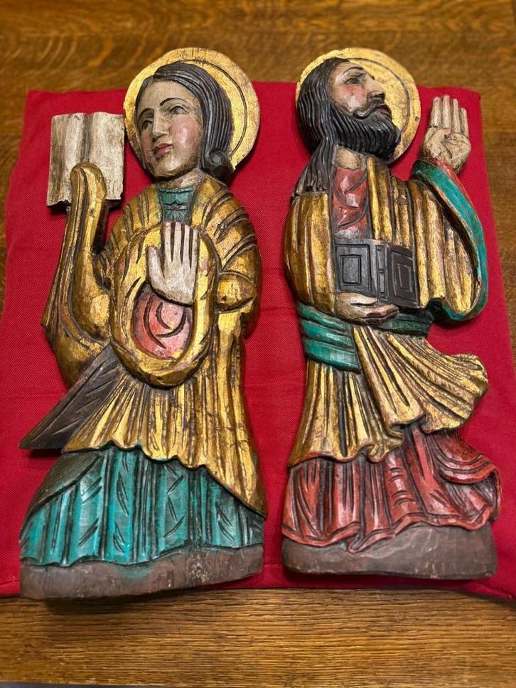 Paar Antieke Polychrome Houten Beelden - Apostelen Heiligen, Antiek en Kunst, Kunst | Beelden en Houtsnijwerken, Ophalen