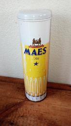 Metalen bierdoos Maes Pils voor brouwerijbier met een fles, Overige merken, Overige typen, Gebruikt, Ophalen of Verzenden