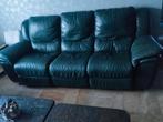 Lederen groene 2 pers. en 3 pers. zitbank met 2 relaxen, Ophalen, Gebruikt, Rechte bank, 200 tot 250 cm