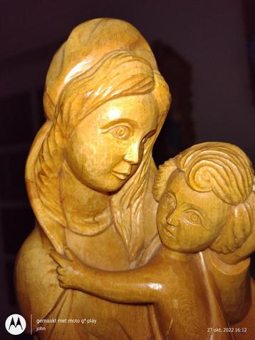 Statue en bois faite main, Vierge Marie, Enfant Jésus 40 cm