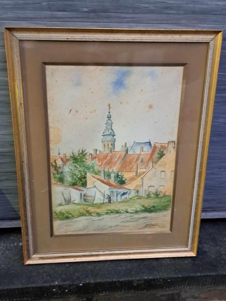 aquarelle veurne signe albert dillens, Antiek en Kunst, Kunst | Schilderijen | Klassiek, Ophalen of Verzenden