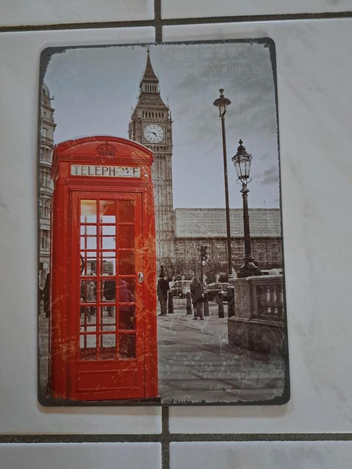 Metalen bord Londen, Big Ben Phone booth, Huis en Inrichting, Woonaccessoires | Wanddecoraties, Zo goed als nieuw, Ophalen of Verzenden