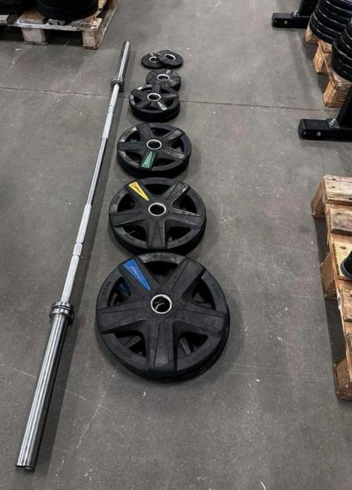 107,5kg Olympische Rubberen Lifemaxx Gewichten + Barbell, Sport en Fitness, Fitnessmaterialen, Gebruikt, Halterschijven, Ophalen