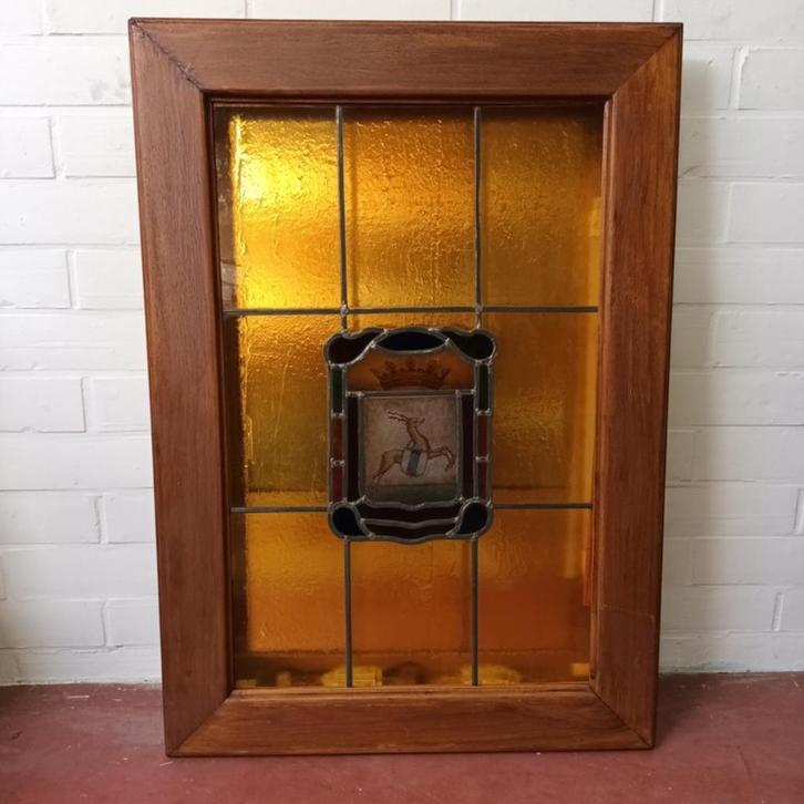 Inbouw houten frame met glas in loodraam - 109x77cm, Antiek en Kunst, Kunst | Overige Kunst, Ophalen