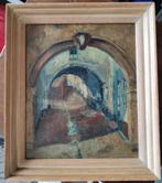 Olie op plaat - middeleeuws stadszichtje, Antiek en Kunst, Kunst | Schilderijen | Klassiek, Ophalen of Verzenden
