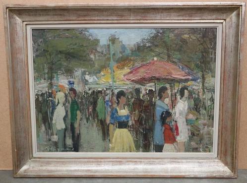 Karel Heymans, een drukke marktdag in Antwerpen, Antiek en Kunst, Kunst | Schilderijen | Klassiek, Ophalen of Verzenden