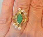 Nieuwe gouden ring met Chrysopraas en Parels, Neuf, 18 à 19, Or, Vert