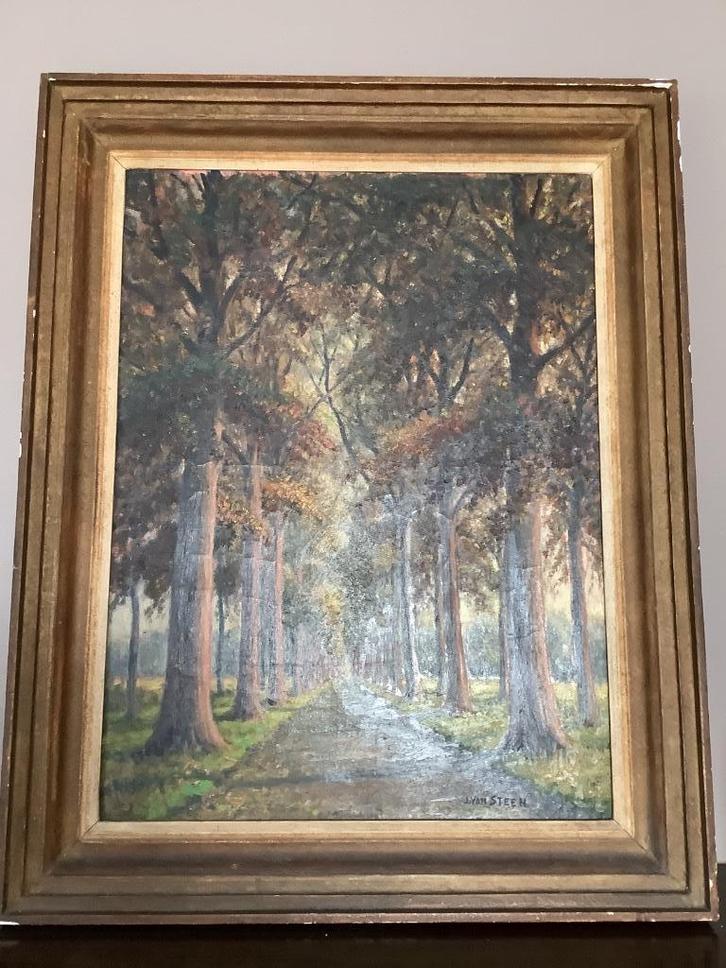Olieverfschilderij “Bomenlaan” – gesigneerd J. Van Steen, Antiek en Kunst, Kunst | Schilderijen | Klassiek, Ophalen