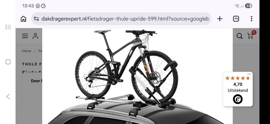 3x Thule Upride 599 fietsendrager, Auto diversen, Fietsendragers, Ophalen, 1 fiets, Zo goed als nieuw, Dakdrager