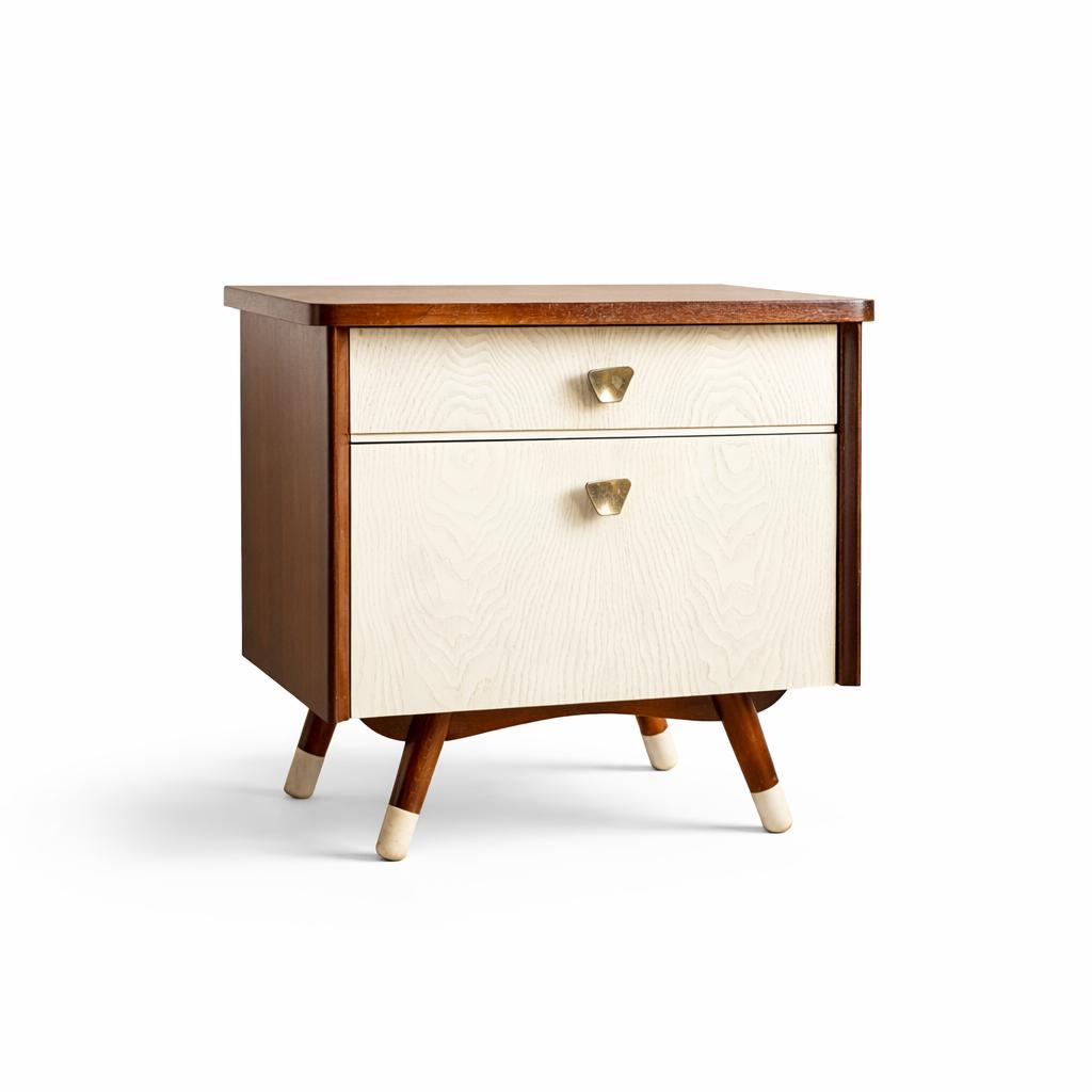 Vintage SET nachtkastjes - duo tone - jaren 60, Huis en Inrichting, Slaapkamer | Nachtkastjes, Ophalen, Gebruikt, 55 tot 70 cm