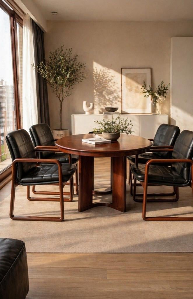 Set van 4 vintage design fauteuils – leer & hout – jaren ’70, Enlèvement