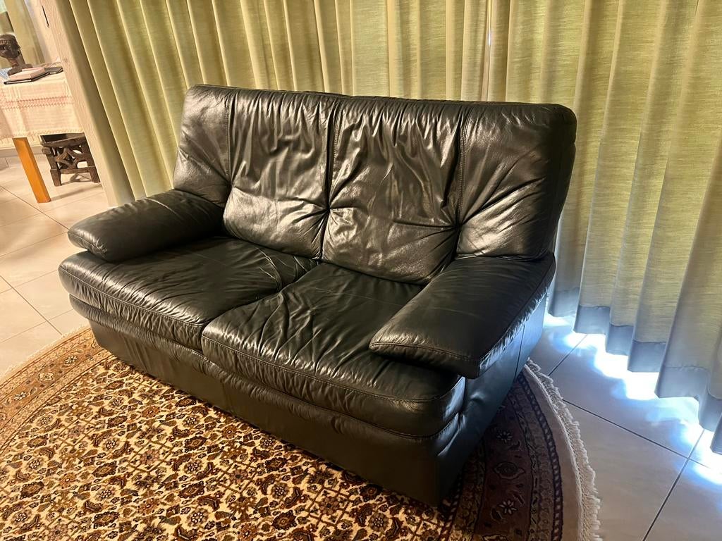 Donkergroene lederen zetel, Maison & Meubles, Canapés | Salons, 75 à 100 cm, Enlèvement, Utilisé, 150 à 200 cm