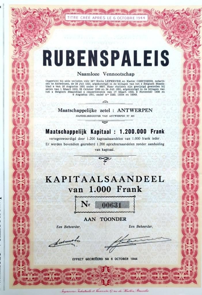 Rubenspaleis (Ciné Rubens Antwerpen) 1951, Postzegels en Munten, Aandelen en Waardepapieren, Ophalen of Verzenden, 1950 tot 1970
