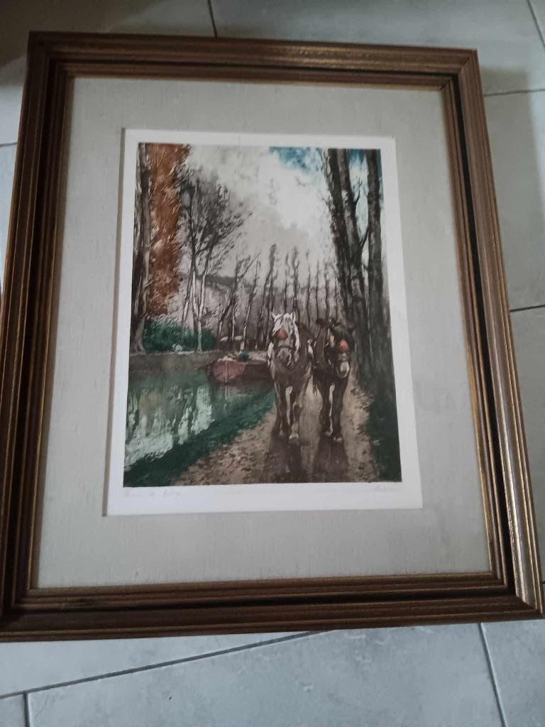 ets Boot met trekpaarden , gesigneerd Jean Ferdinand Luigini, Ophalen of Verzenden, Ets, Gesigneerd