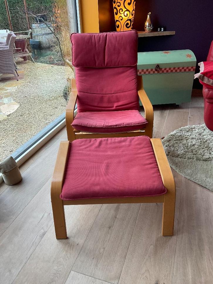 Mooie retro relax zetel met voetbank, Huis en Inrichting, Fauteuils, Zo goed als nieuw, Hout, Stof, Ophalen