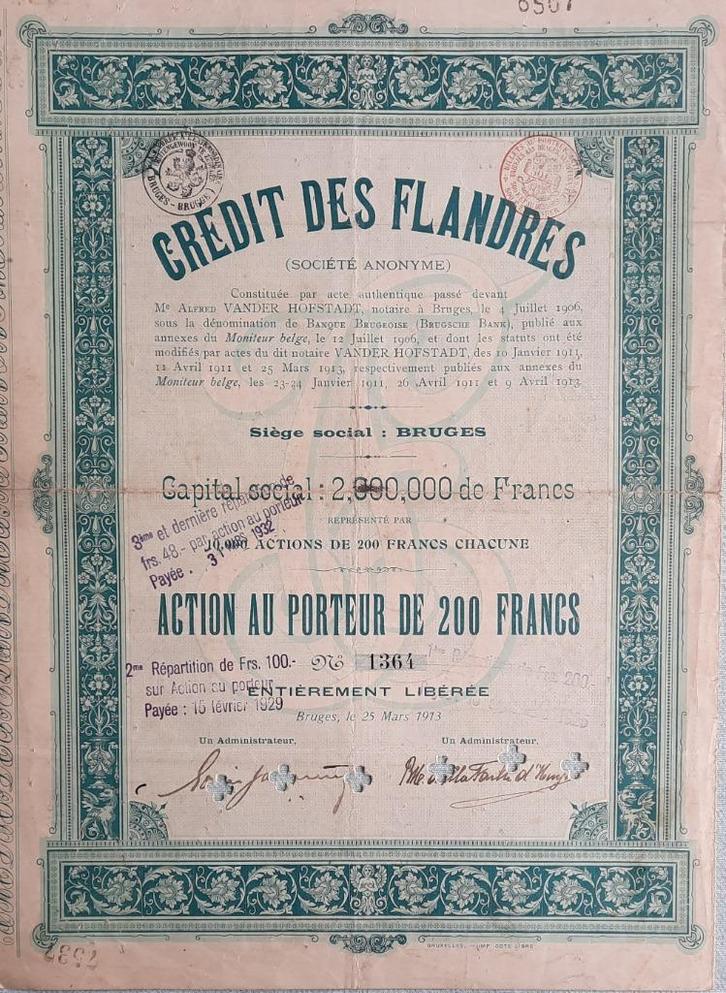 Credit des Flandres -  - 1913 - Bruges, Postzegels en Munten, Aandelen en Waardepapieren, Aandeel, Voor 1920, Ophalen of Verzenden
