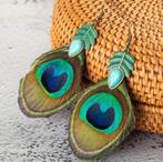 Boucles d'oreilles ethniques rétro pierre turquoise plume de, Enlèvement ou Envoi, Neuf