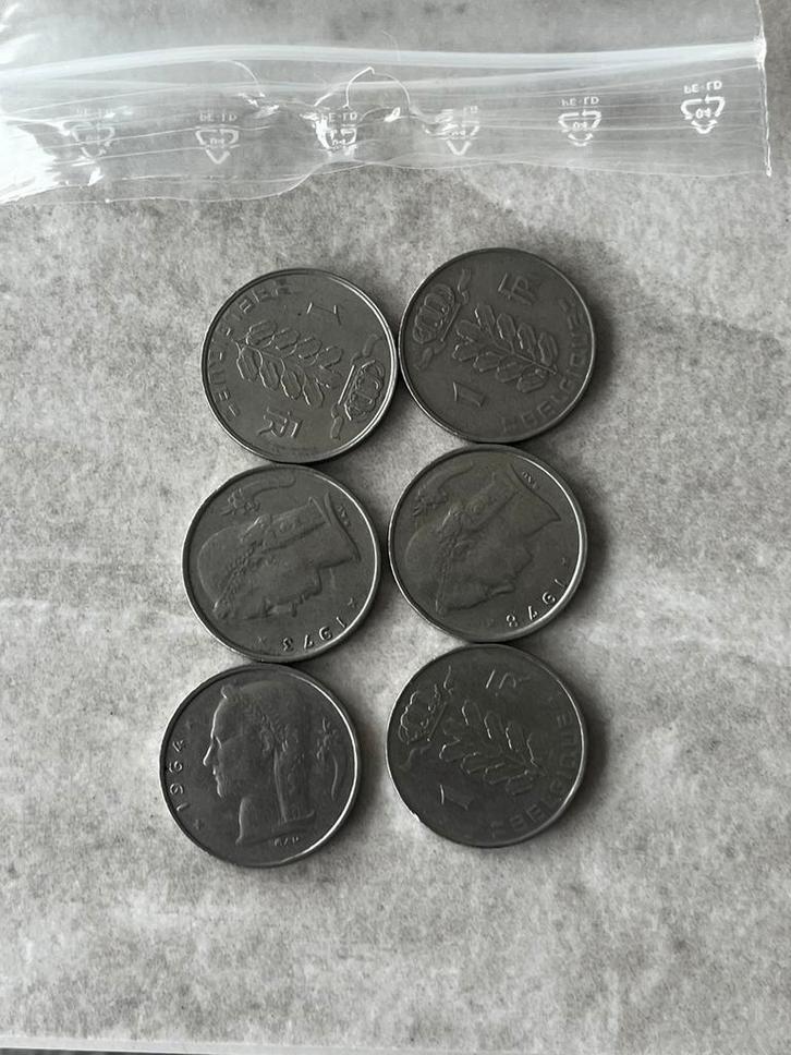 6x Belgische 1 frank munten (1954–1978), Postzegels en Munten, Munten | België, Ophalen