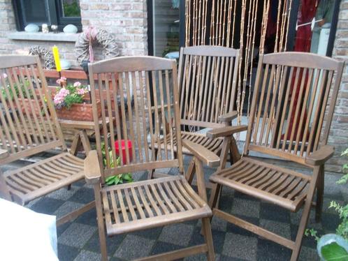 4 tuinstoelen ,, met 4 passende kussens,,, Jardin & Terrasse, Chaises de jardin, Comme neuf, Bois, Pliant, Empilable, Ajustable