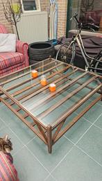 Salon tafel in hout met glazenblad op, Huis en Inrichting, Tafels | Eettafels, Ophalen, Gebruikt, Teakhout