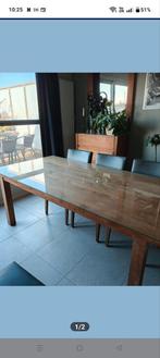 Prachtige massief teak tafel met glazen blad, Huis en Inrichting, Ophalen, Teakhout