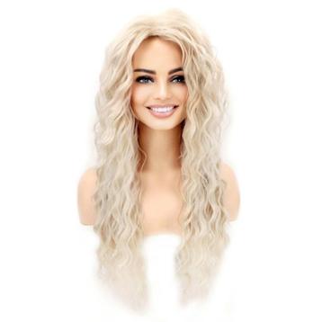 Nonchalante sexy pruik met lang witblond krullend haar beschikbaar voor biedingen