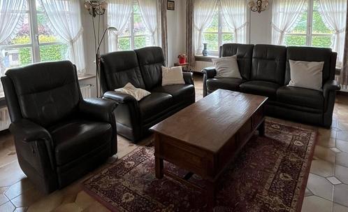 Verkoop volledige bruine leren salon met  eiken salontafel, Huis en Inrichting, Zetels | Zetels, Gebruikt, Leer, Ophalen