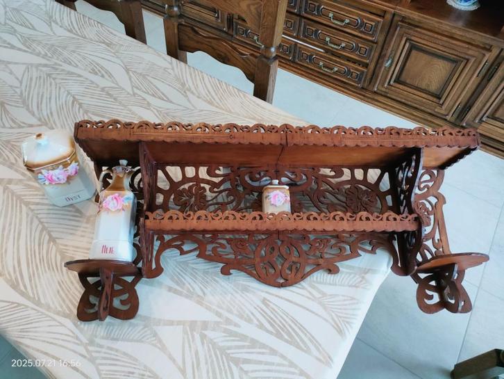 antiek handwerk houten rek met porseleinen potten, Antiek en Kunst, Curiosa en Brocante, Ophalen