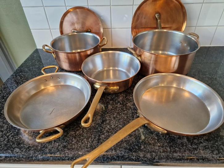 vijf⁸ delig set koper potten en pannen DE EENHOORN, Huis en Inrichting, Keuken | Potten en Pannen, Zo goed als nieuw, Ophalen