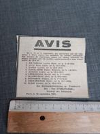 Article de journal Avis 1941, Collections, Autres types, Autres, Enlèvement ou Envoi