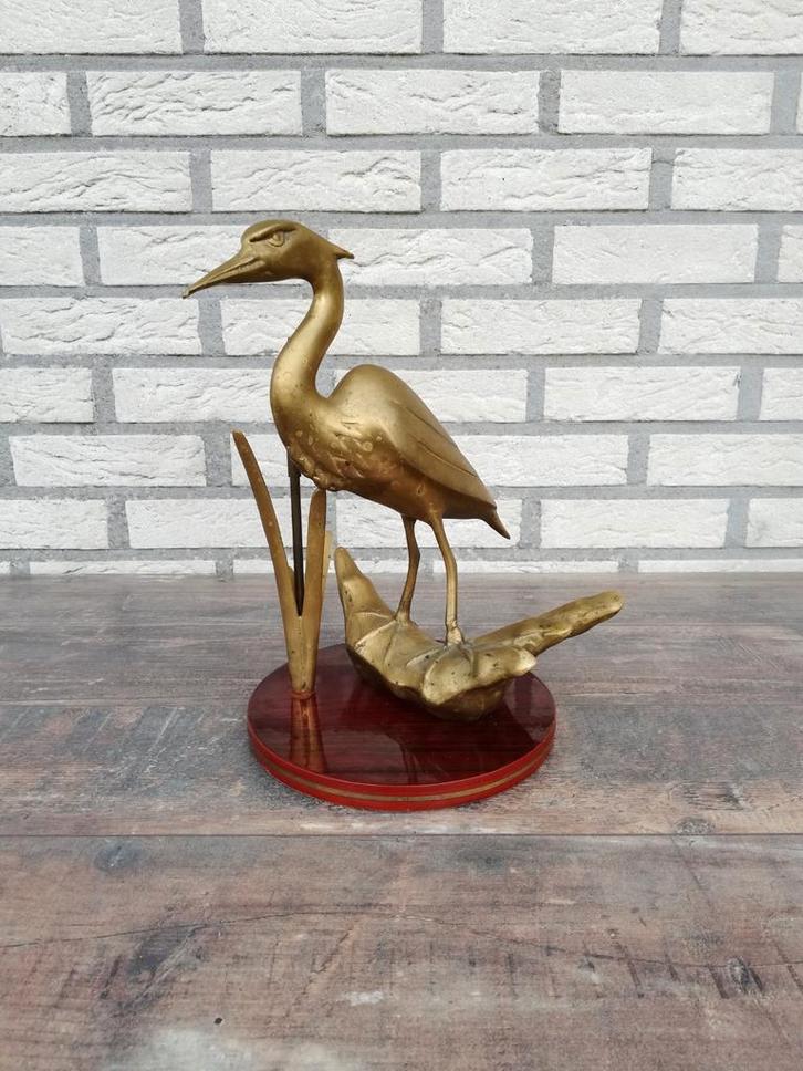 Vintage messing beeld van een reiger, Antiek en Kunst, Antiek | Brons en Koper, Ophalen of Verzenden