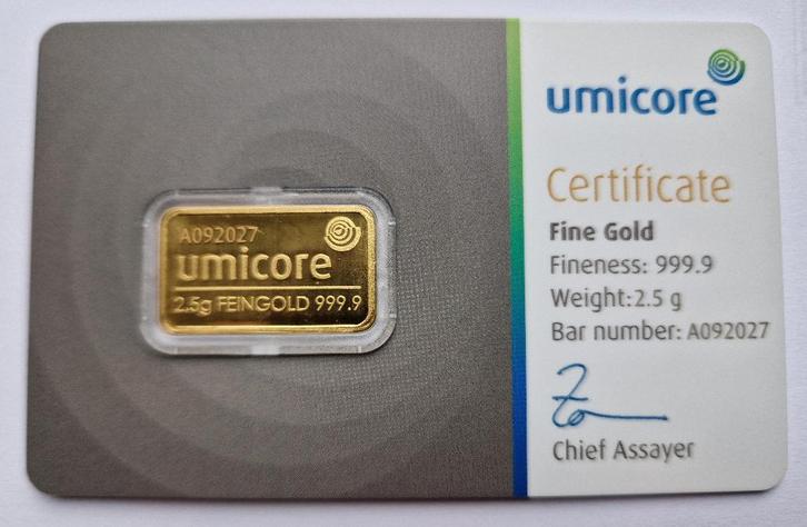 5 lingots d'or Umicore de 2,5 grammes, Timbres & Monnaies, Métaux nobles & Lingots, Or, Enlèvement ou Envoi
