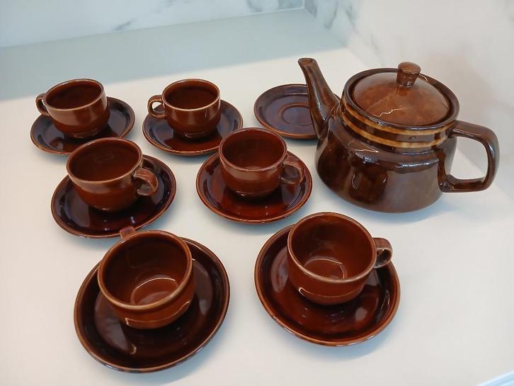 retro mokkakopjes,-schoteltjes en theepot, Antiek en Kunst, Antiek | Keramiek en Aardewerk, Ophalen of Verzenden